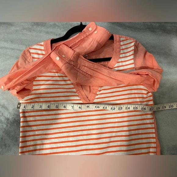 L.L. Bean Coral White Stripe Roll Tab Sleeve Split Neck Pullover Top Size XS - Picture 7 of 9